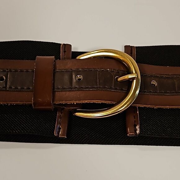 Elastic Black Belt with Brown Bonded Leather Gold Hardware - Picture 2 of 5